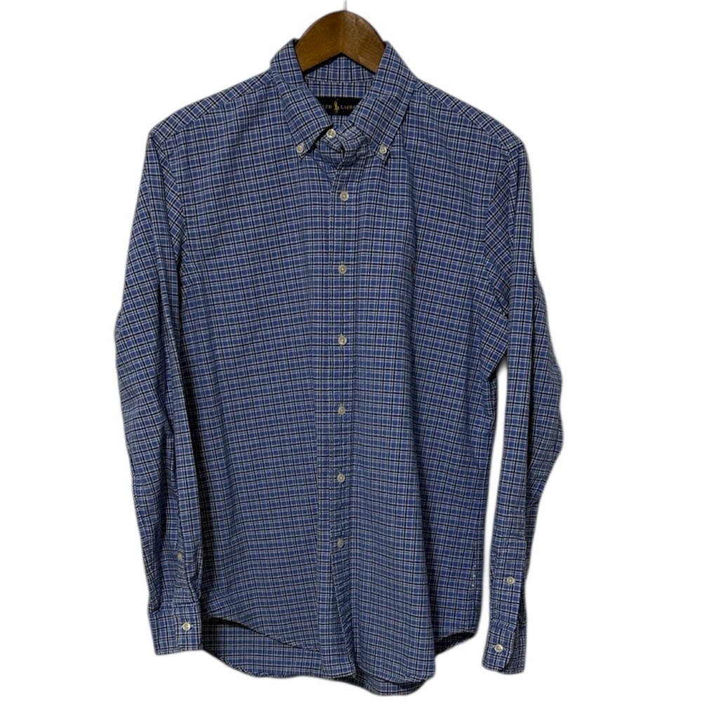 Ralph Lauren Plaid Long Sleeve Button Up Shirt Blue Flesh Pony Large Cotton